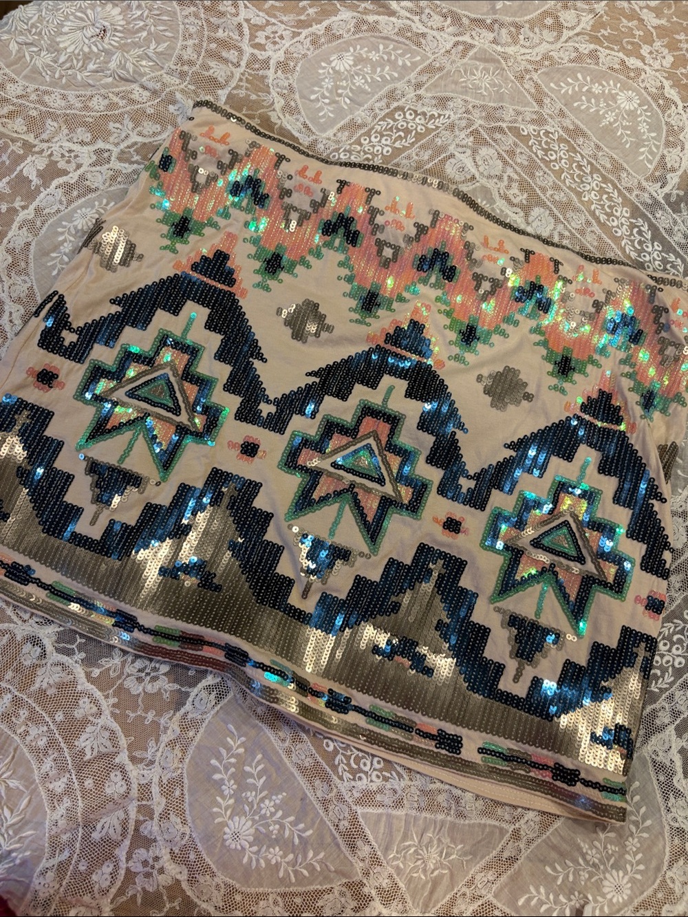 Sequin Embroidered Beige mini skirt with Blue & Teal Accents